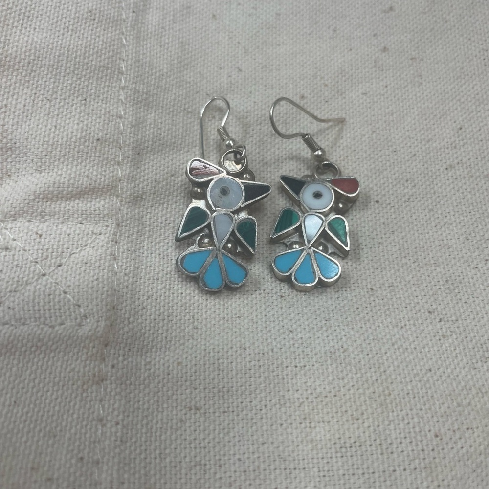 Zuni Style 925 Silver and Multicolor Inlay Earrings-Signed 2” - Picture 3 of 4
